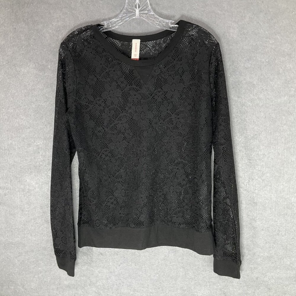 No Boundaries Top Womens Sz L Black Mesh Sheer Lace Long Sleeve Pullover